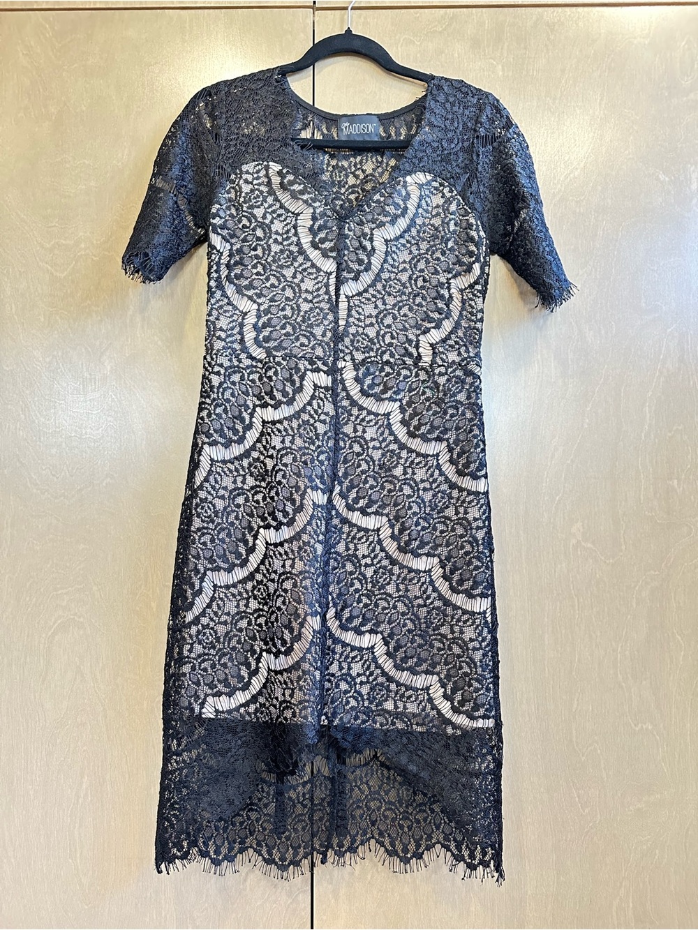 Mia Maddison Black Lace Dress Small Nude Lined V Neck Cocktail Dress - Picture 3 of 7